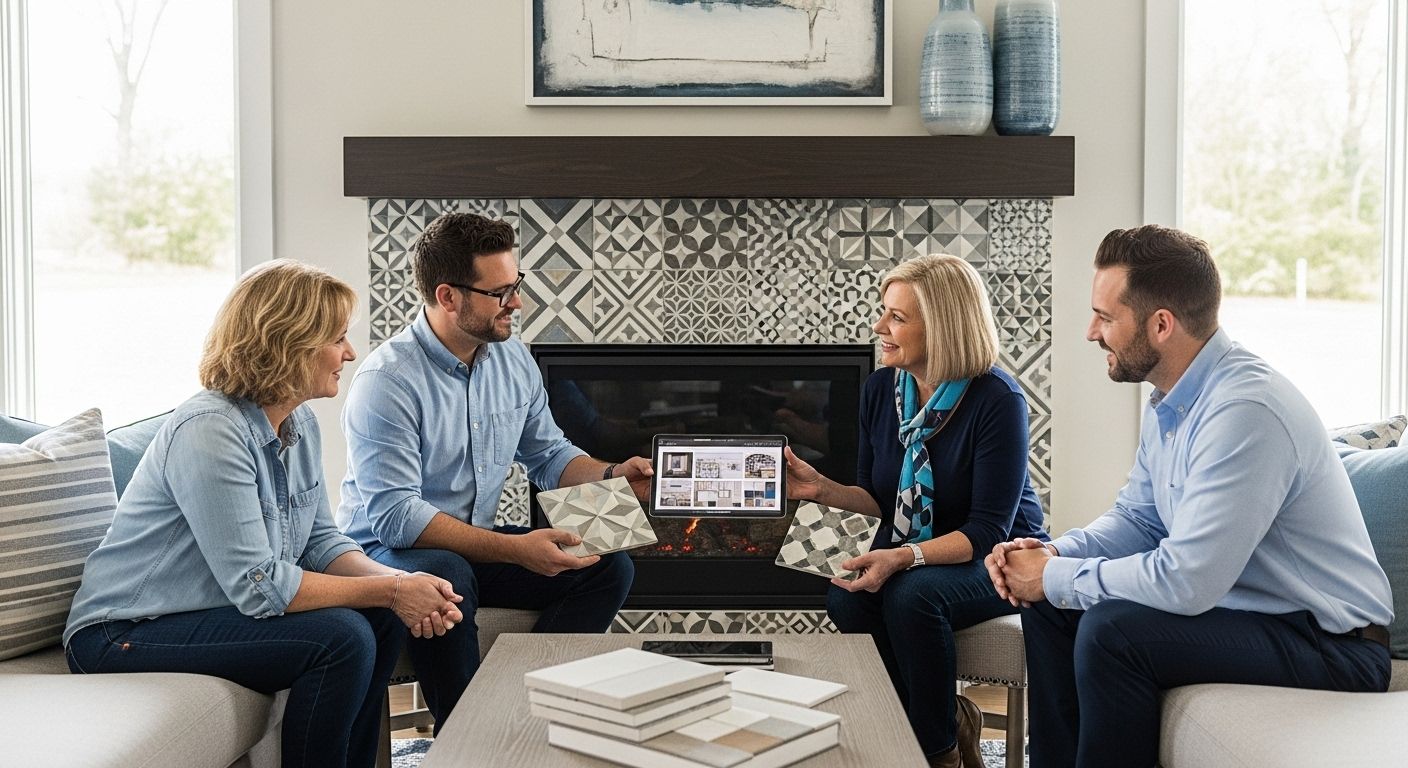 fireplace tile design, modern living room, human interaction