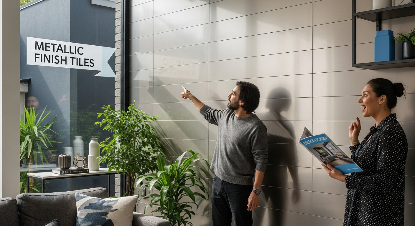 metallic finish tiles living room