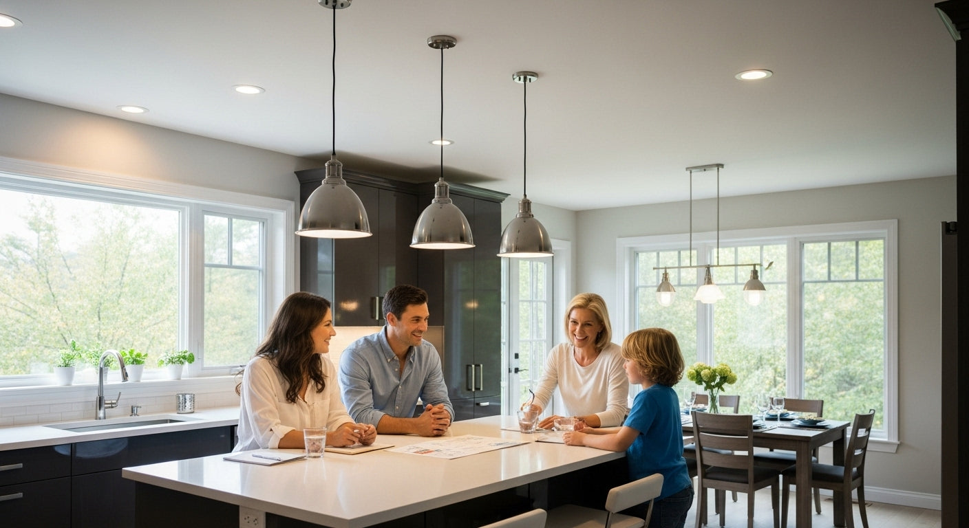 kitchen lighting inspiration, modern kitchen, family interaction