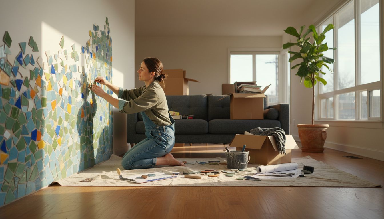Woman planning tiled living room feature wall