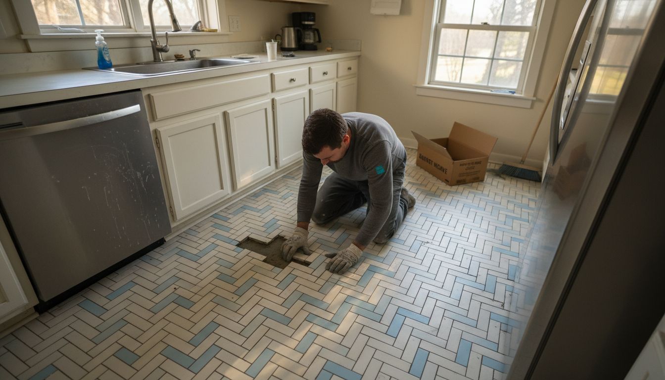 Homeowner installing basket weave tile floor