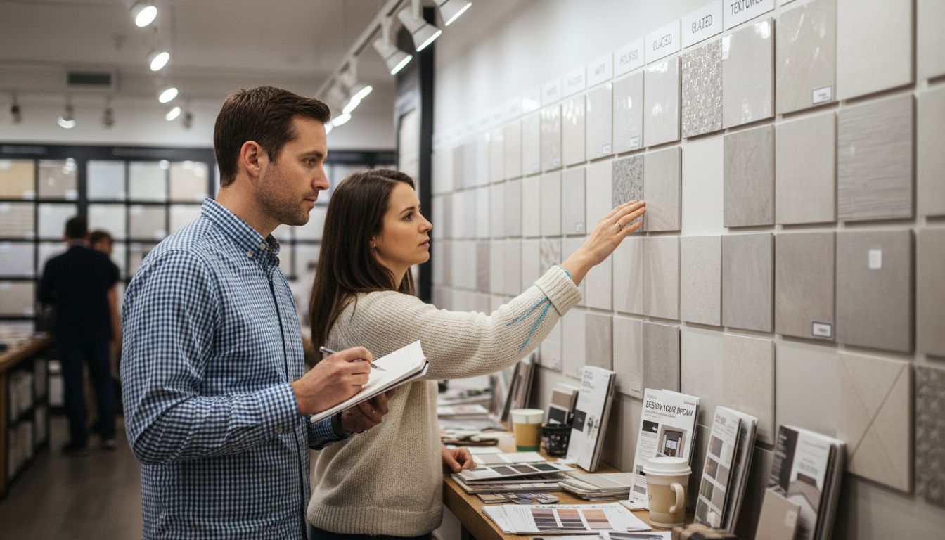 Couple choosing between various tile finishes