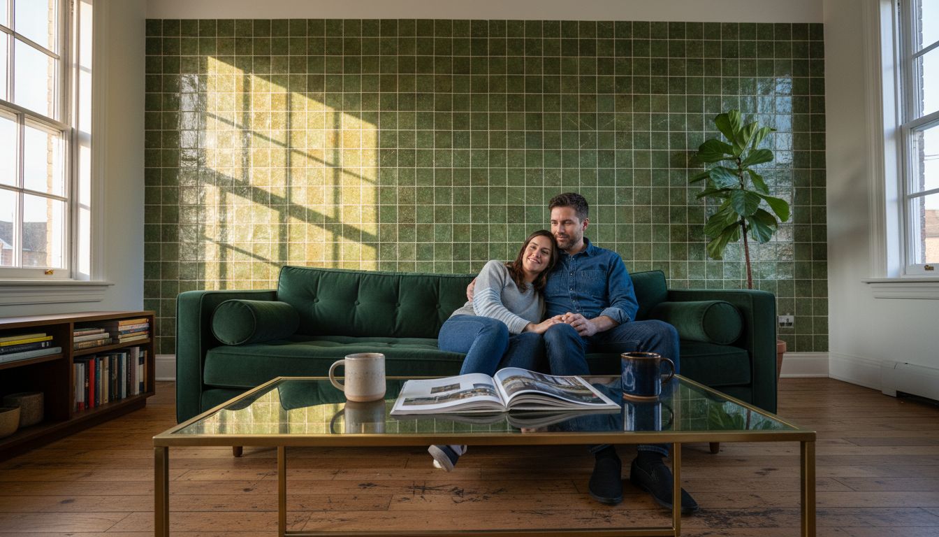 Couple in living room with green patterned tile wall