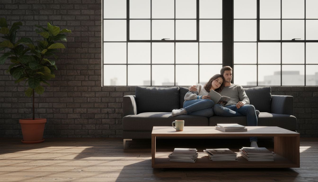 Couple in loft with brick tile walls