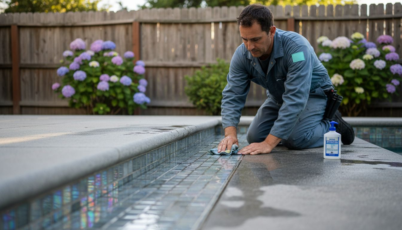 Technician cleaning glass waterline tiles on pool