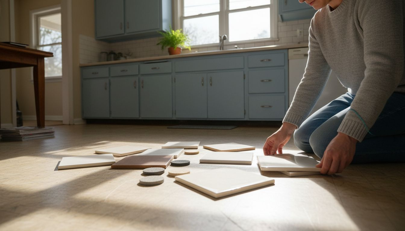 Person arranges tile and grout samples in lived-in kitchen