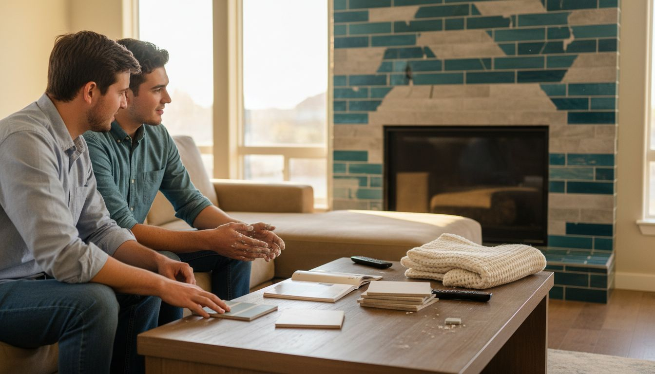 Couple admiring modern fireplace tile design