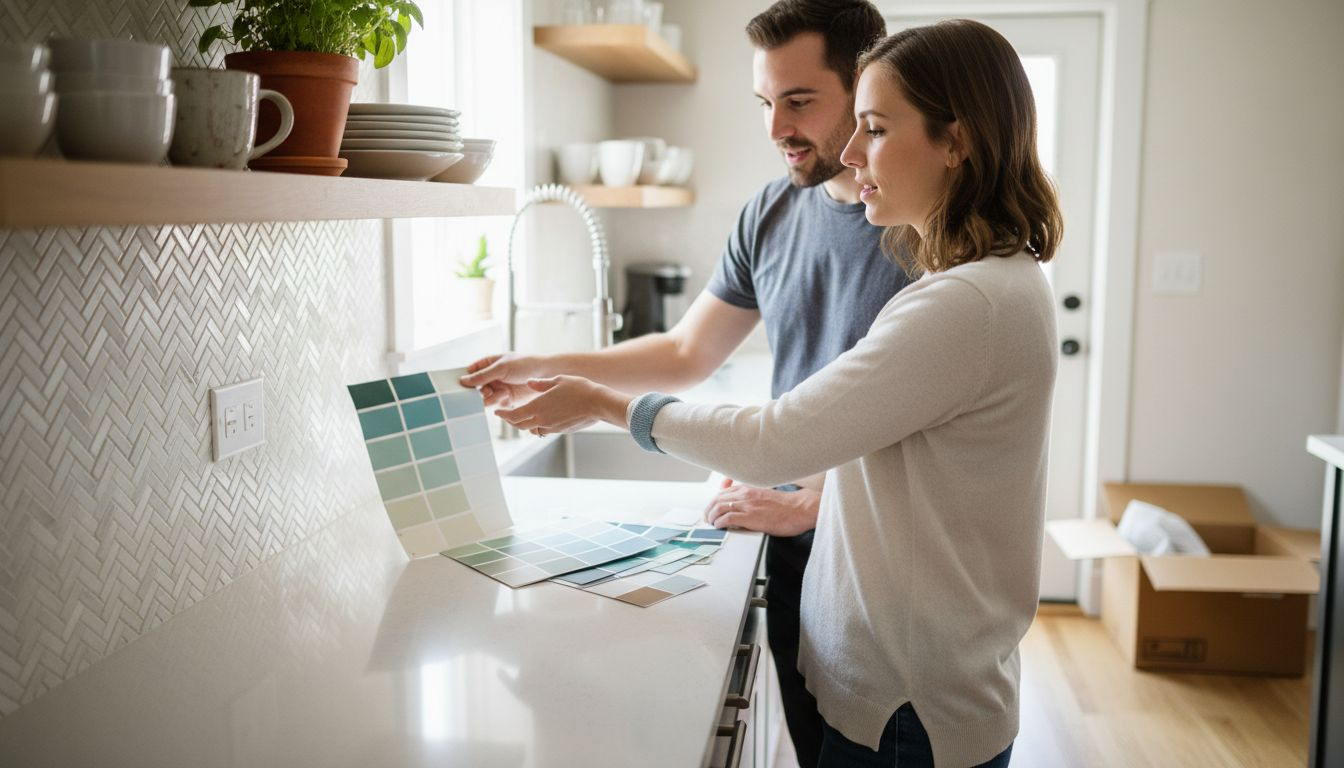 Couple choosing tiles in modern kitchen