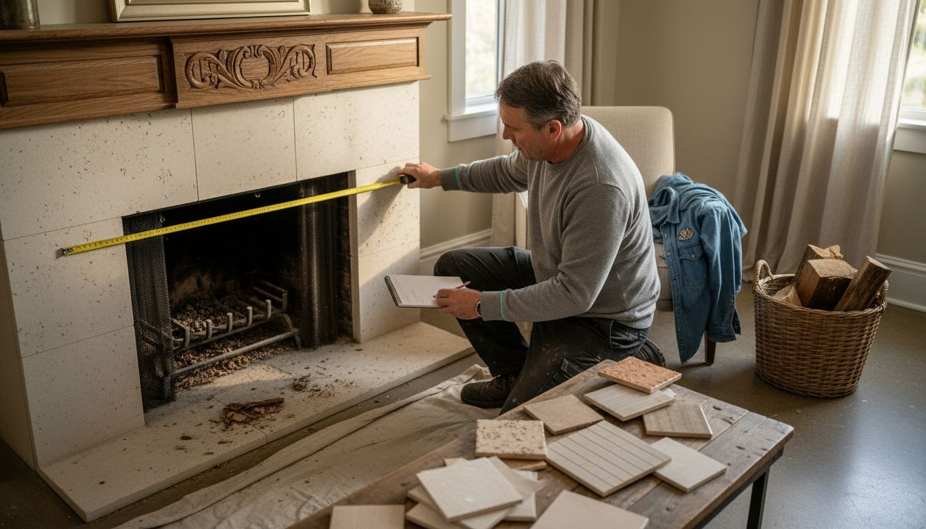 Homeowner planning fireplace backsplash update