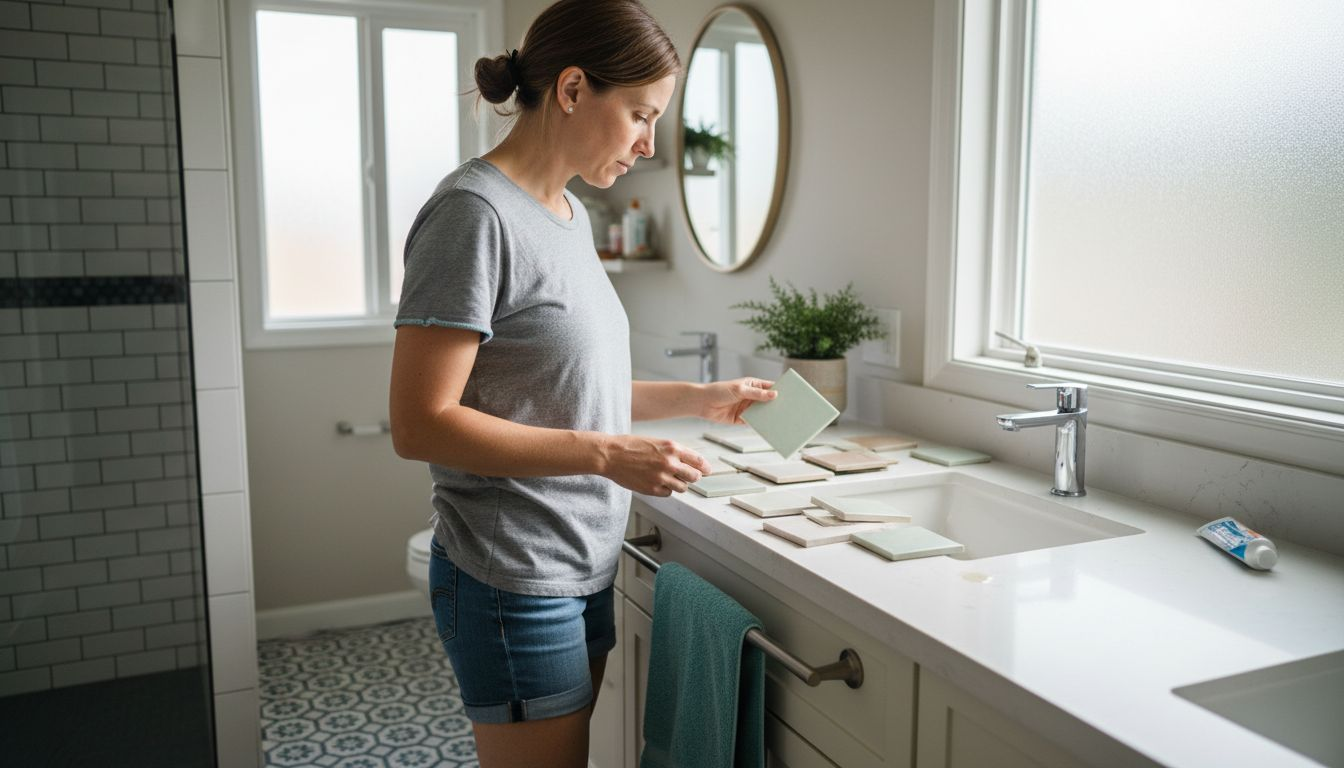 Homeowner comparing stylish bathroom tile samples
