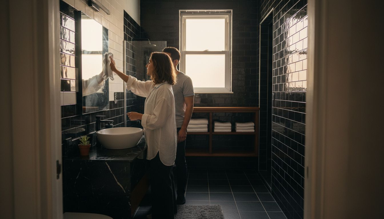 Couple in modern black tile bathroom setting