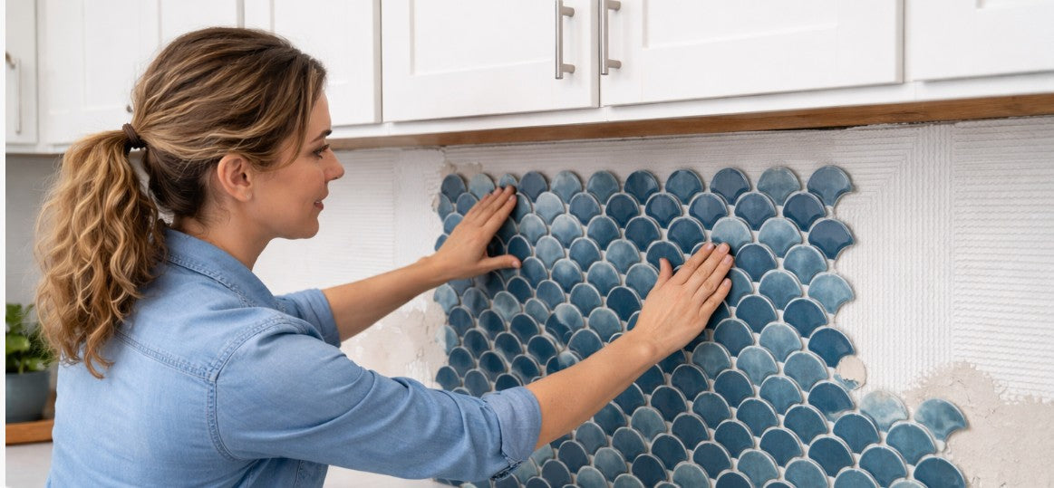 Installing blue fish scale tiles for a kitchen backsplash Tile Choices