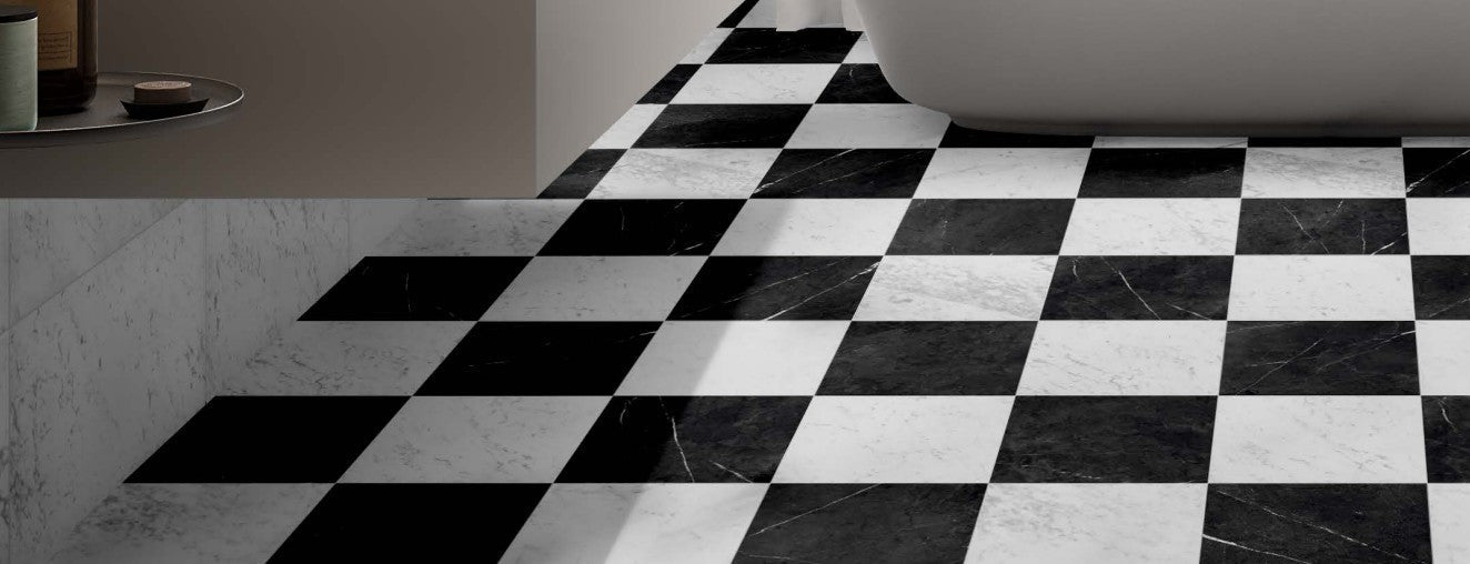 nero Marquina porcelain tile and carrara white porcelain tile