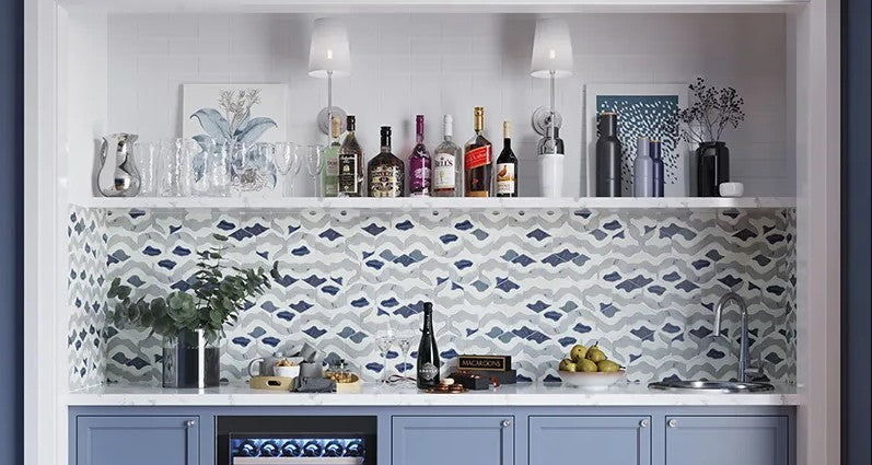 waterjet marble mosaic kitchen backsplash blue and white tile