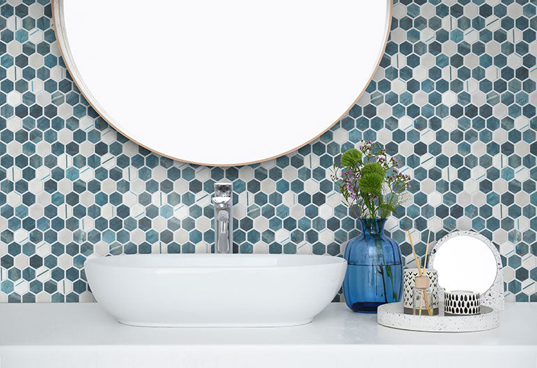 AGH-5411 Qassle Blu Aragon Hills Mosaic Vanity Backsplash Install