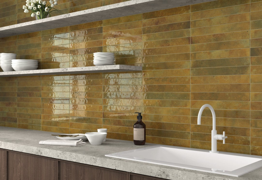 Equipe Bali 31553 Moss 2 x 16 Ceramic Tile kitchen backsplash install photo