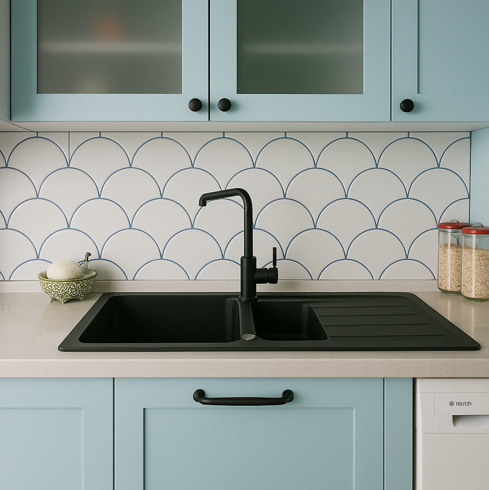 Fish Scale Kitchen Backsplash Layout design from Tile Choices