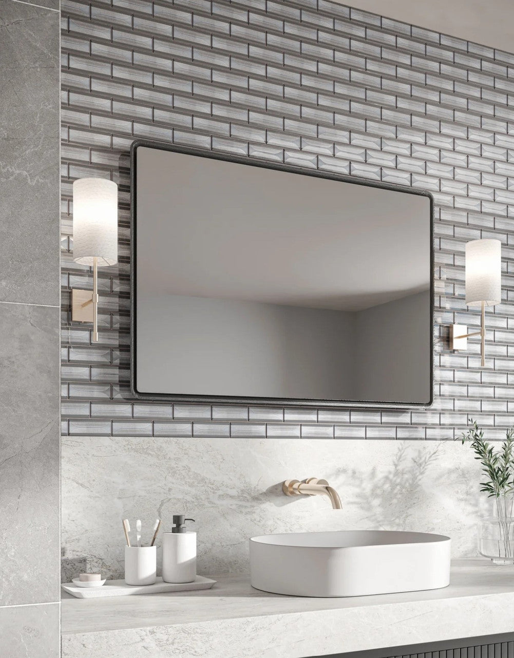 Frey Facade 2 x 5 Glass Subway Tile FYF-5492 Palma Samson Vanity backsplash