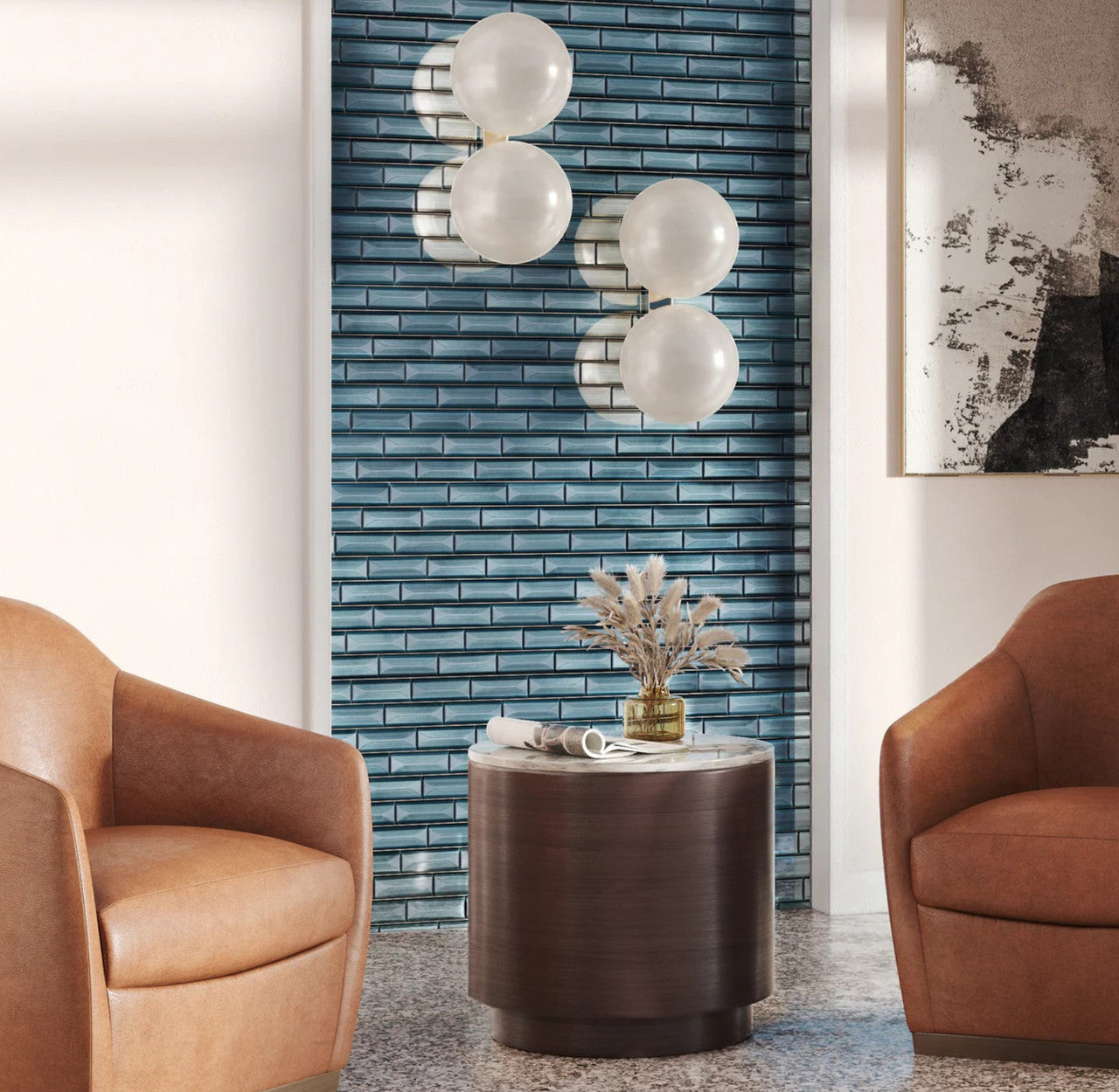 Frey Facade 2 x 5 Glass Subway Tile FYF-5494 Valley Tram Accent wall Install photo