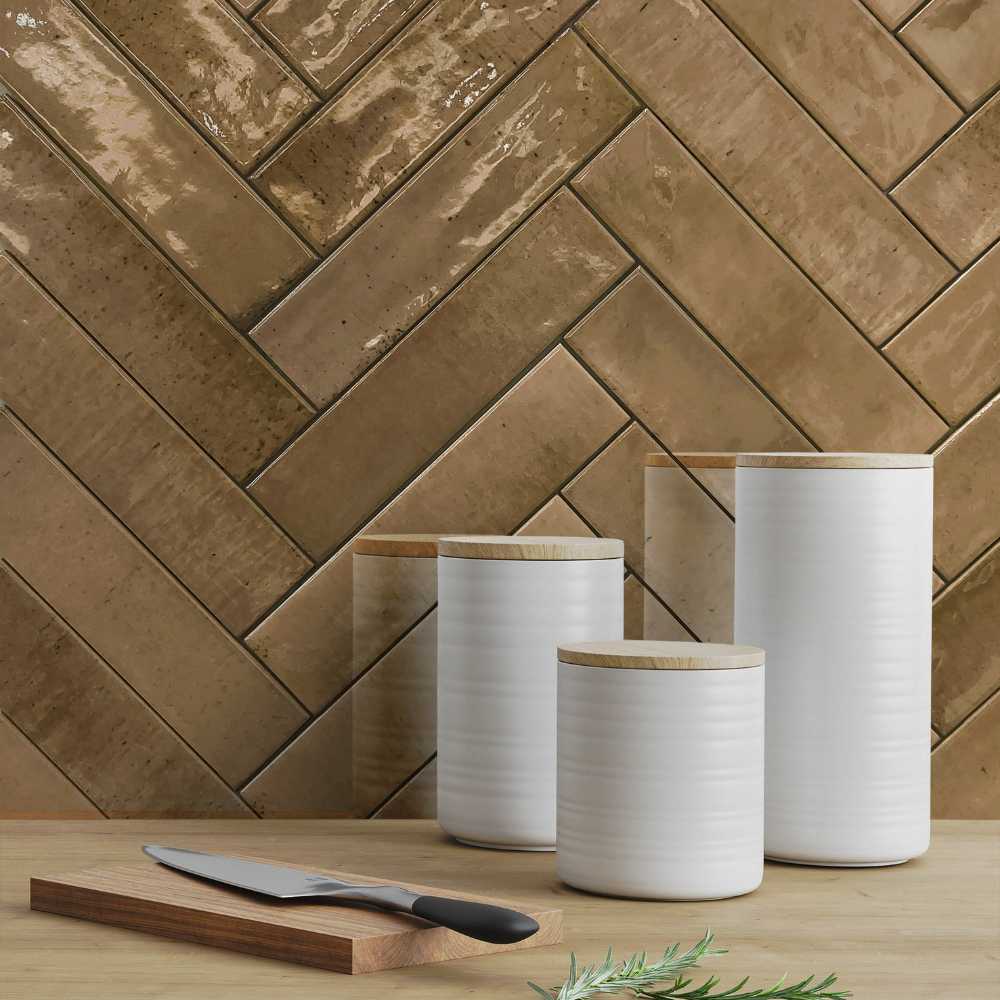 Home Series 2.5 x 10 Curry Color Kitchen backsplash install Herringbone