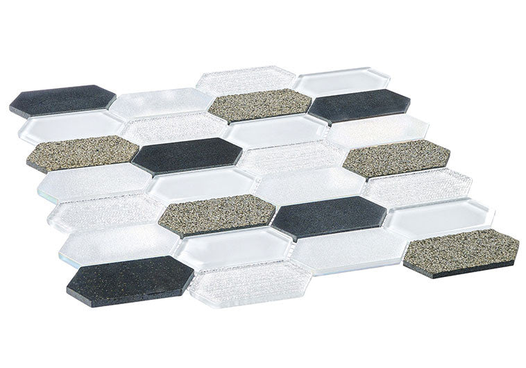 Modular Garden glass and stone elongated hexagon mosaic MLR-6042 Tivoli Square side View