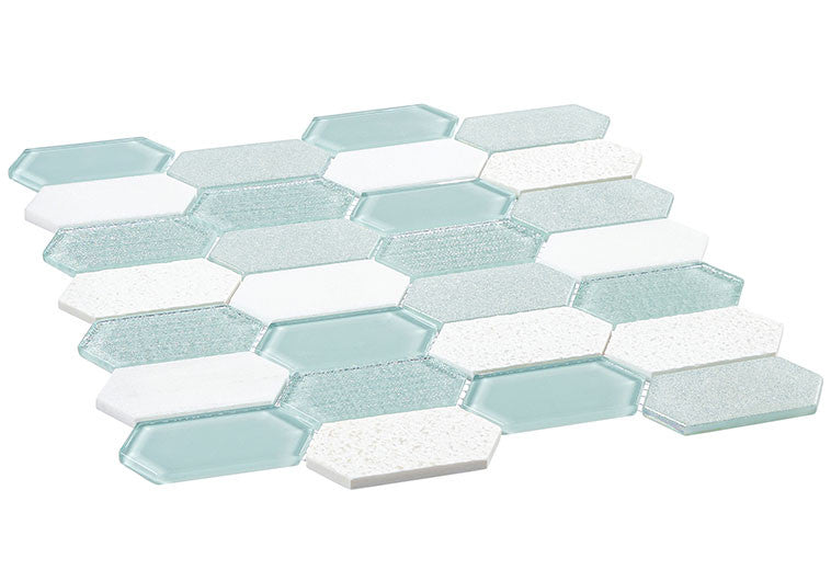 Modular Garden glass and stone elongated hexagon mosaic MLR-6043 Mint Cove side View
