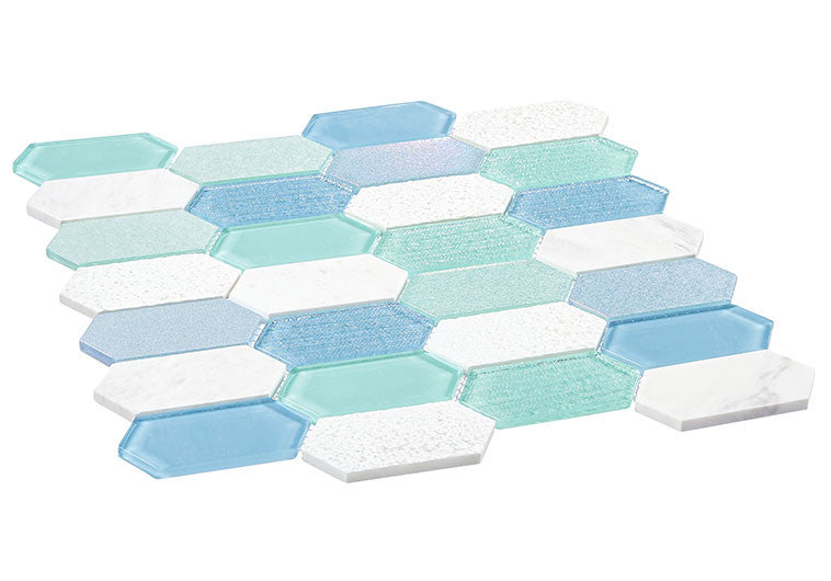 Modular Garden glass and stone elongated hexagon mosaic MLR-6045 Lucia Isle side view