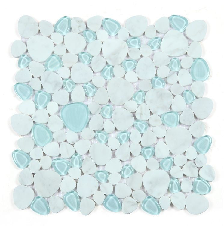 UT-4616 Carrara Blue Glass and Stone Pebble Mosaic Tile