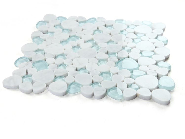 UT-4616 Carrara Blue Glass and Stone Pebble Mosaic Tile Angle View