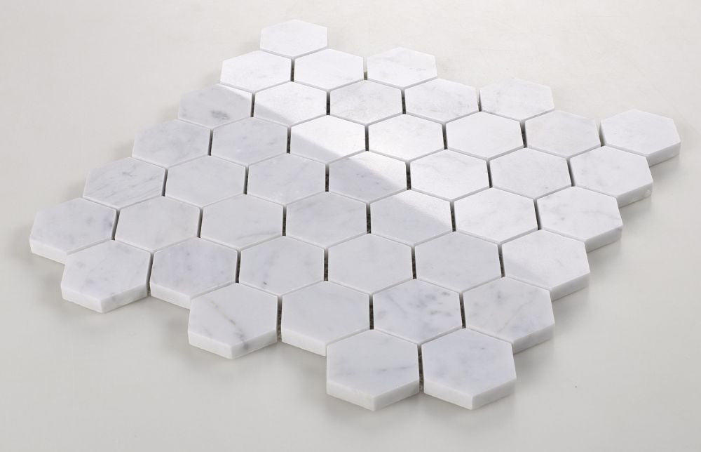 UT-603 Carrara Polished 2 x 2 Hexagon Marble Mosaic Angle View