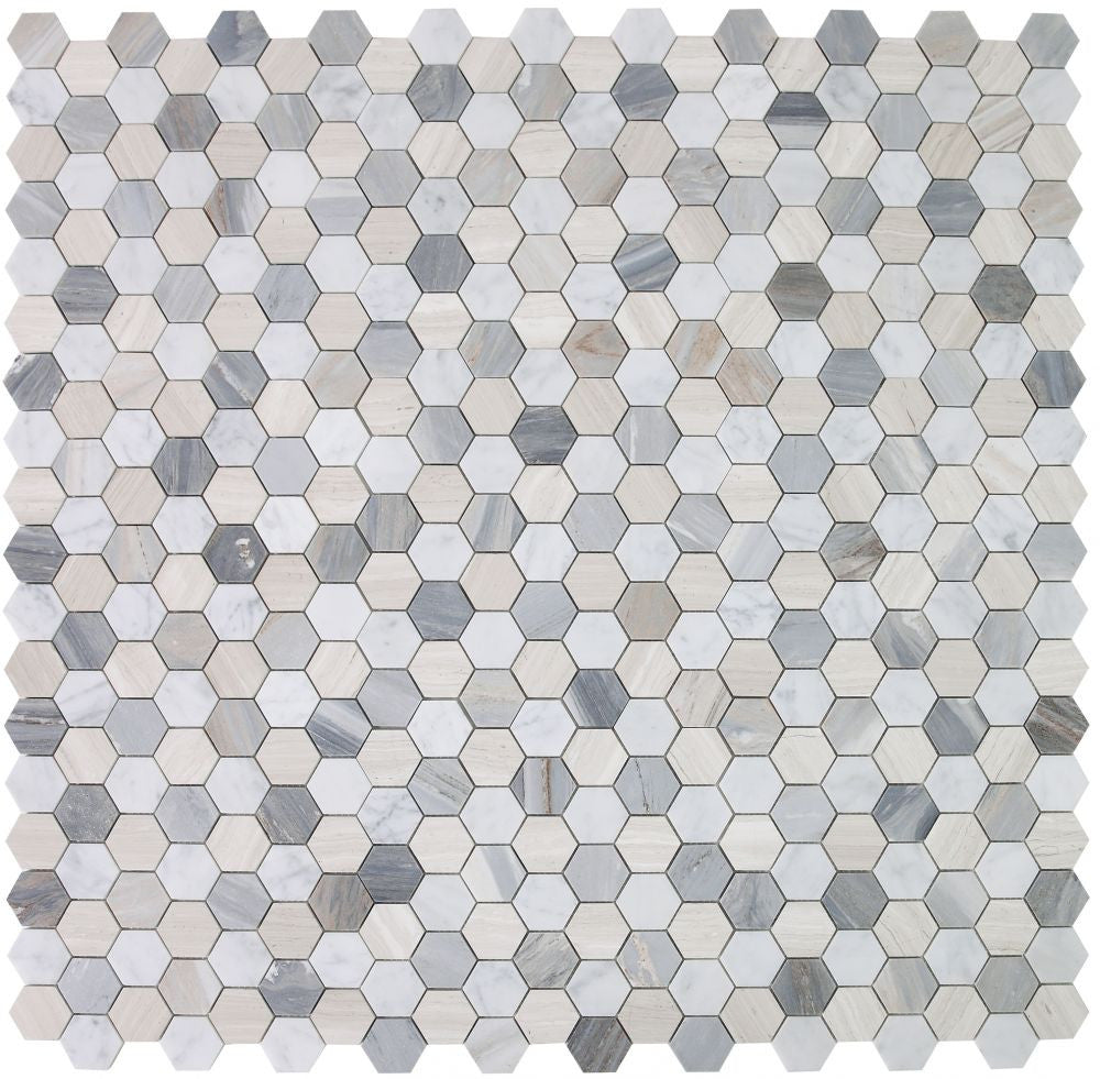 UT-935 Blue 2 x 2 Hexagon Polished Marble Mosaic, Carrara, Haisa and Palissandro Blue Marble 9 sheets together