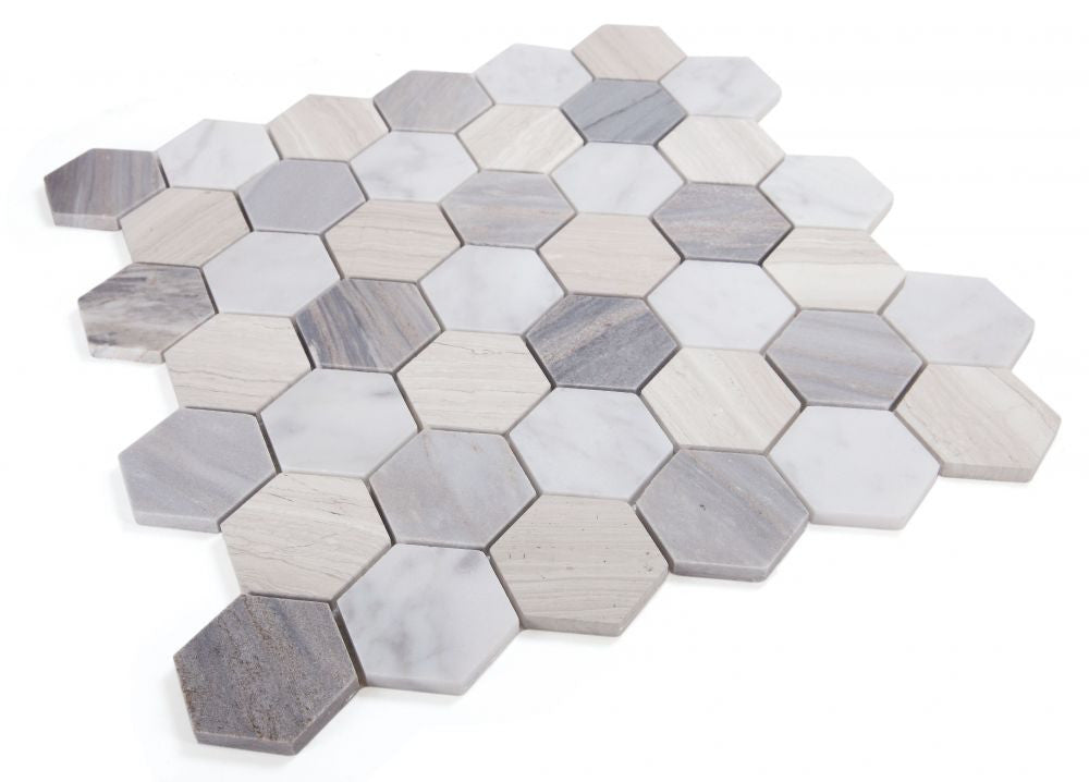 UT-935 Blue 2 x 2 Hexagon Polished Marble Mosaic, Carrara, Haisa and Palissandro Blue Marble angle view