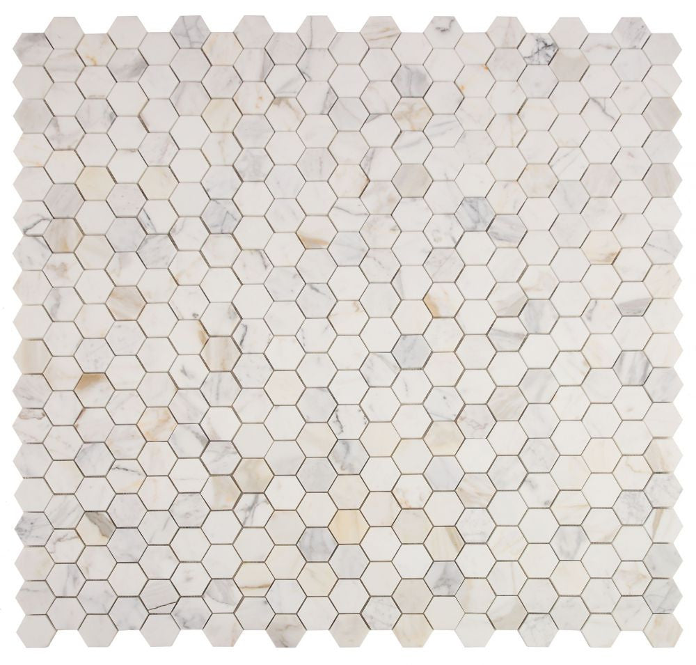 UTO-1047 Calacatta Gold Polished 2 x 2 Hexagon Marble Mosaic 9 sheets together
