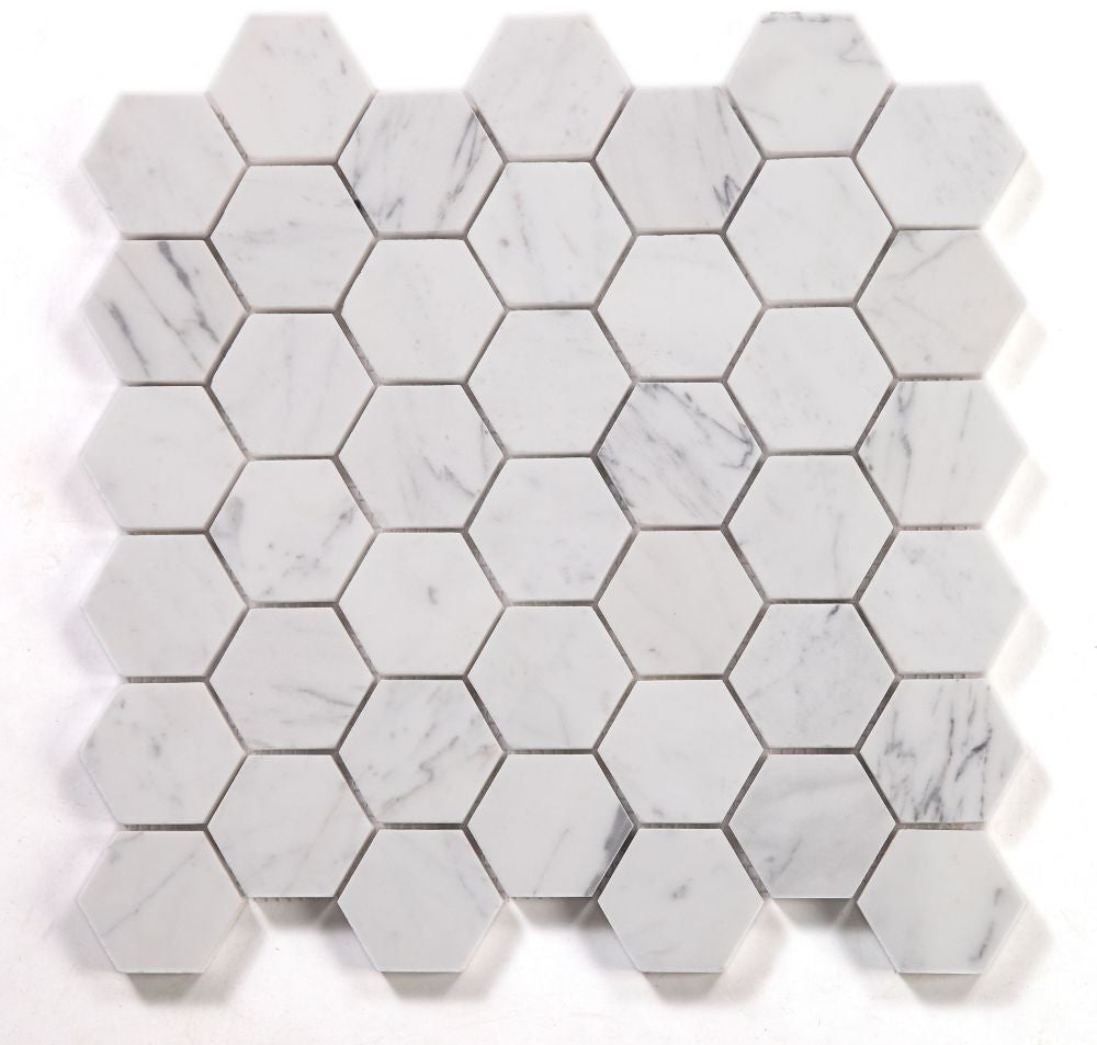 UT-3917 Calacatta White Honed 2 x 2 Hexagon Marble Mosaic