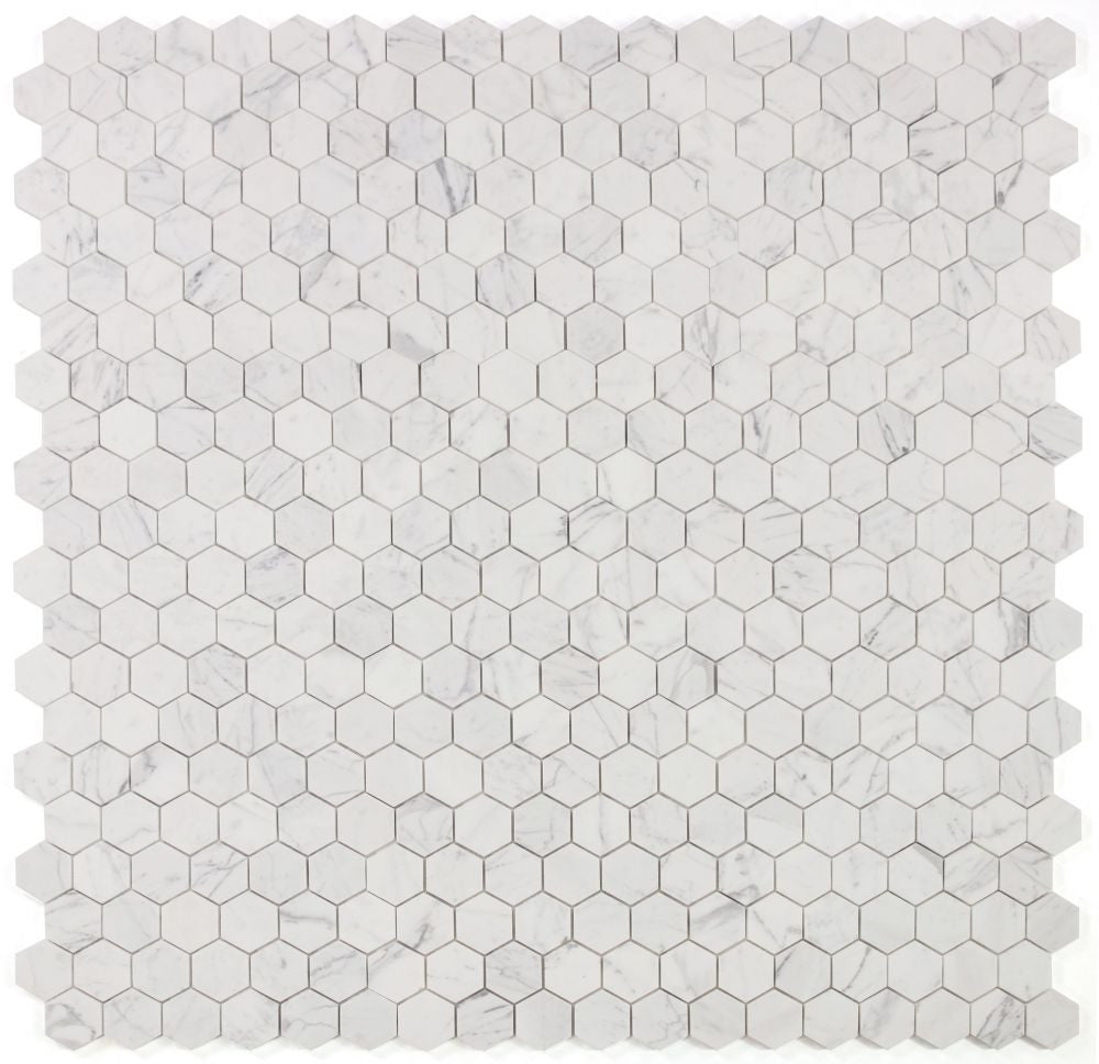 UT-3917 Calacatta White Honed 2 x 2 Hexagon Marble Mosaic 9 sheets together