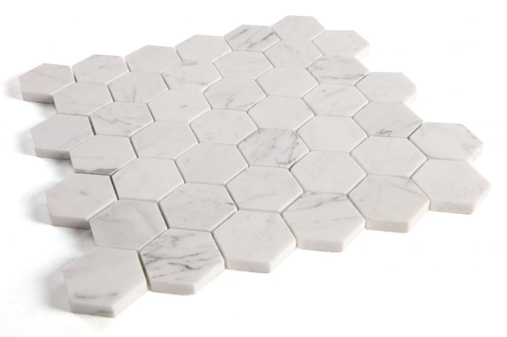 UT-3917 Calacatta White Honed 2 x 2 Hexagon Marble Mosaic Angle View