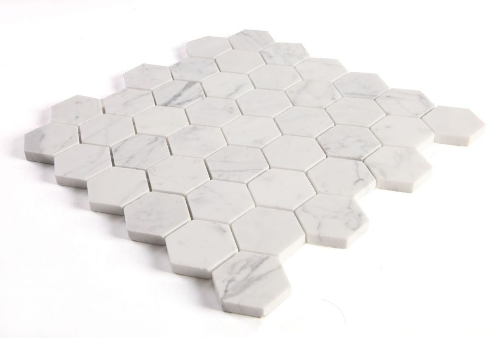 UT-3918 Calacatta White Polished 2 x 2 Hexagon Marble Mosaic Angle View