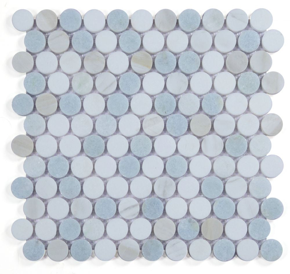Photo inspiration: Circular Tile Backsplash With Vitreous Tile Reference: Ut 4221 Sky Penny Round Marble Mosaic White Blue Marble