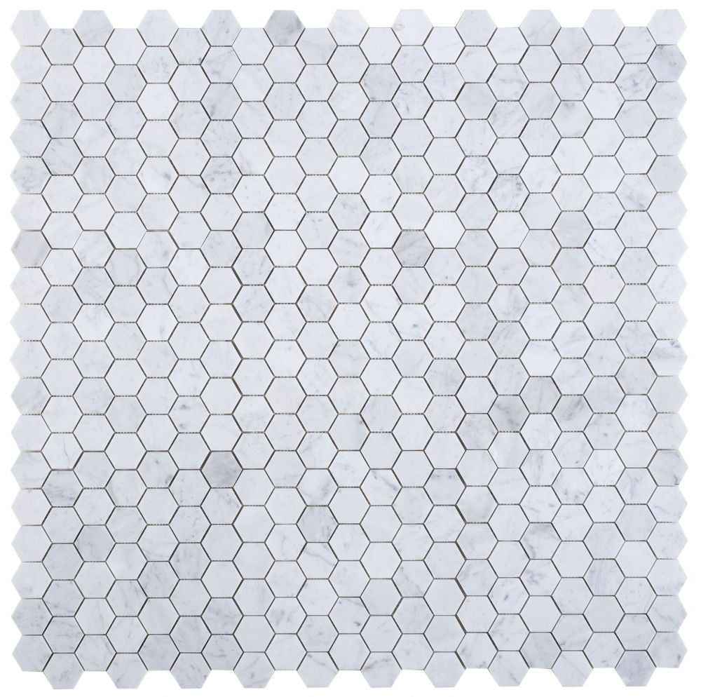 UT-728 Carrara Honed 2 x 2 Hexagon Marble Mosaic 9 sheets together