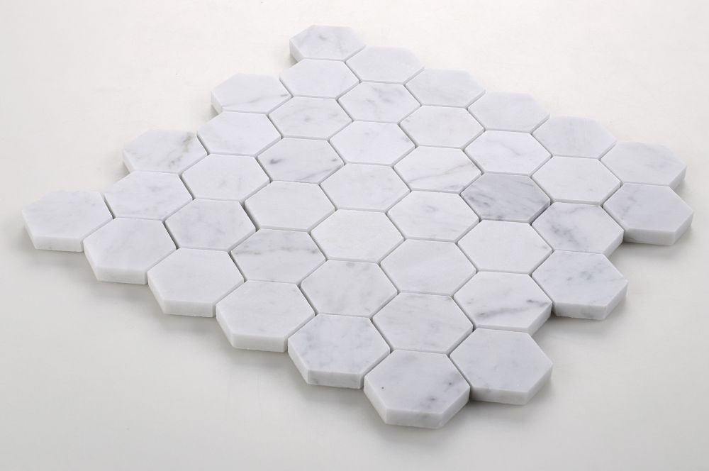 UT-728 Carrara Honed 2 x 2 Hexagon Marble Mosaic Angle View