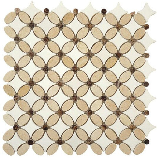 Flower Series FS-71 marble mosaic tile cream and white with dark brown accent