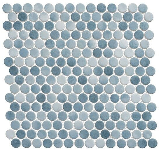 Polka Dots PLK-66 Seahorse Waves blue tone penny round recycled glass mosaic tile