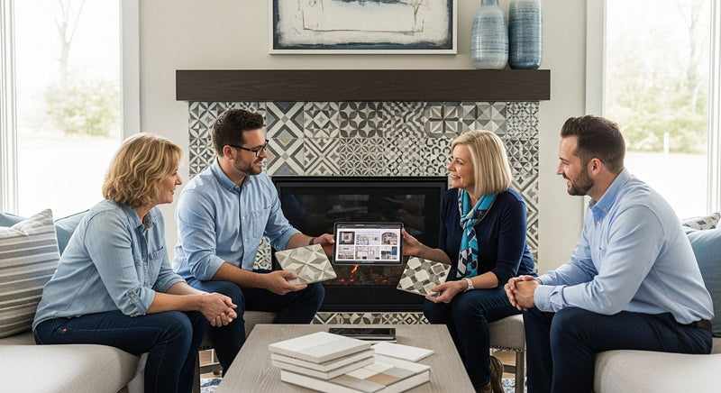 fireplace tile design, modern living room, human interaction