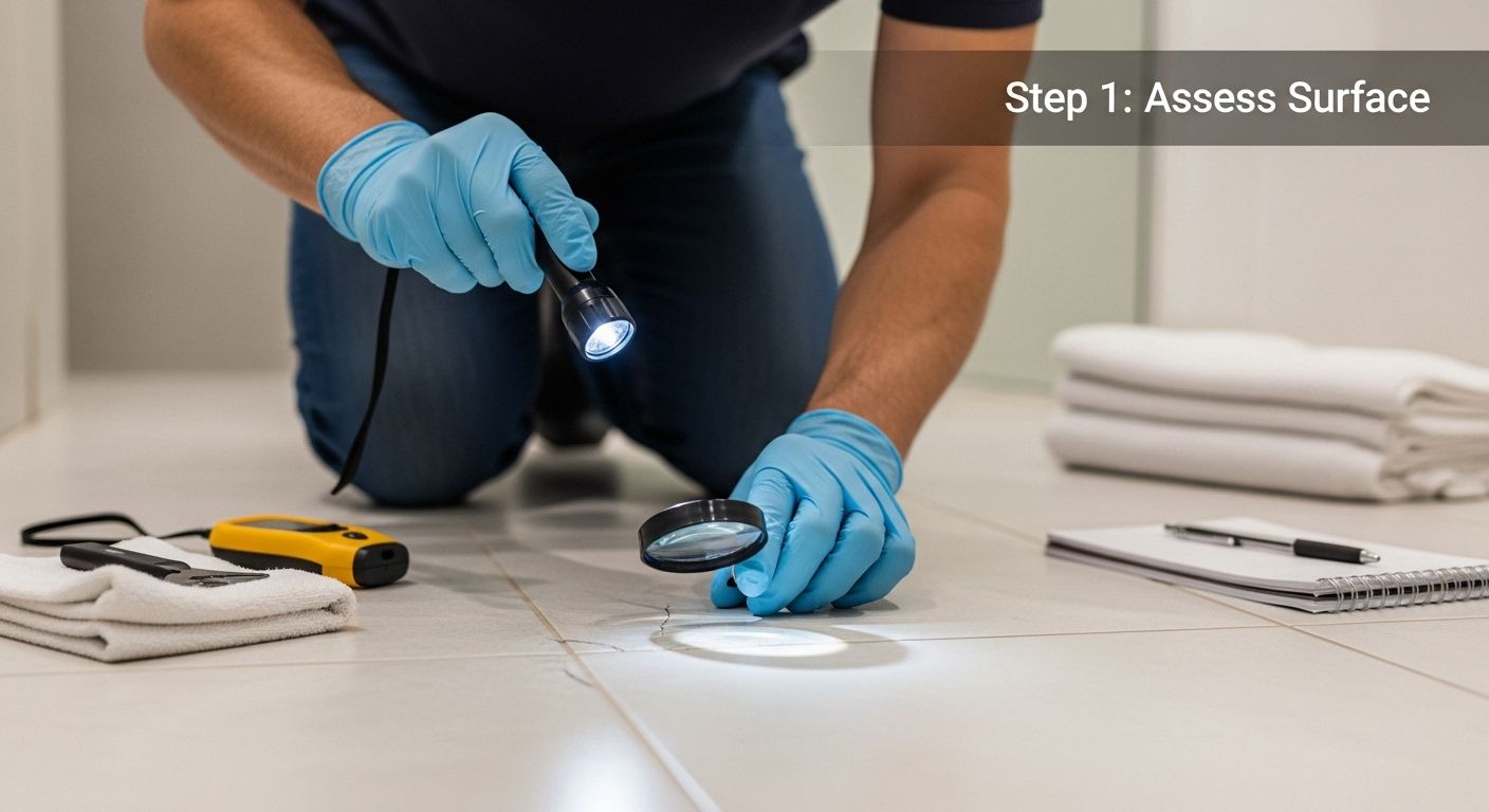 waterproofing bathroom tiles, inspection, assess surface