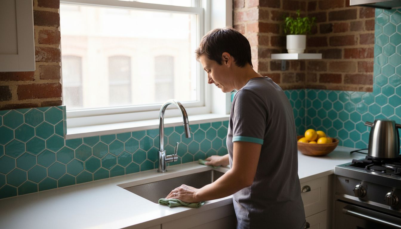 Homeowner cleaning arabesque tile backsplash
