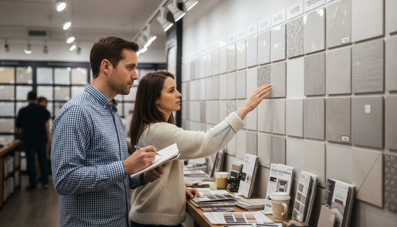Couple choosing between various tile finishes