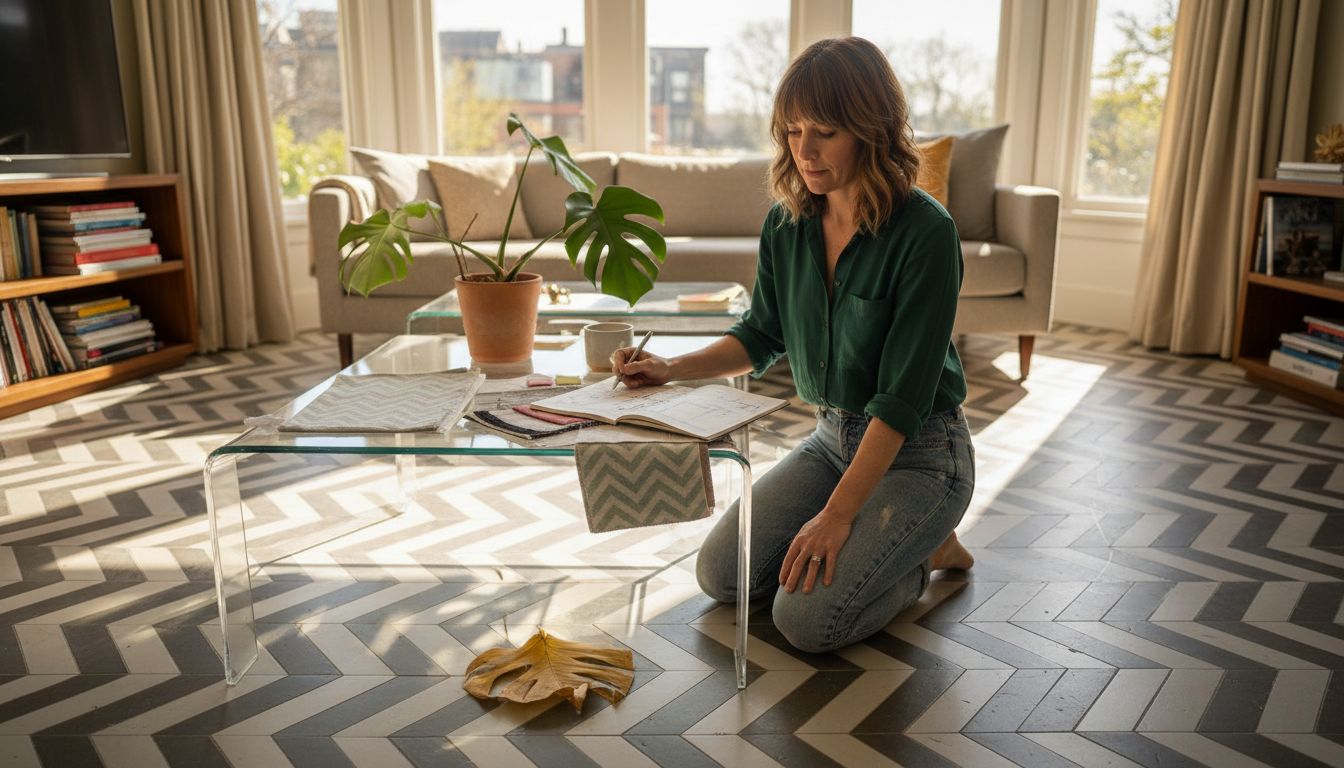 Designer arranging swatches in chevron-tiled room