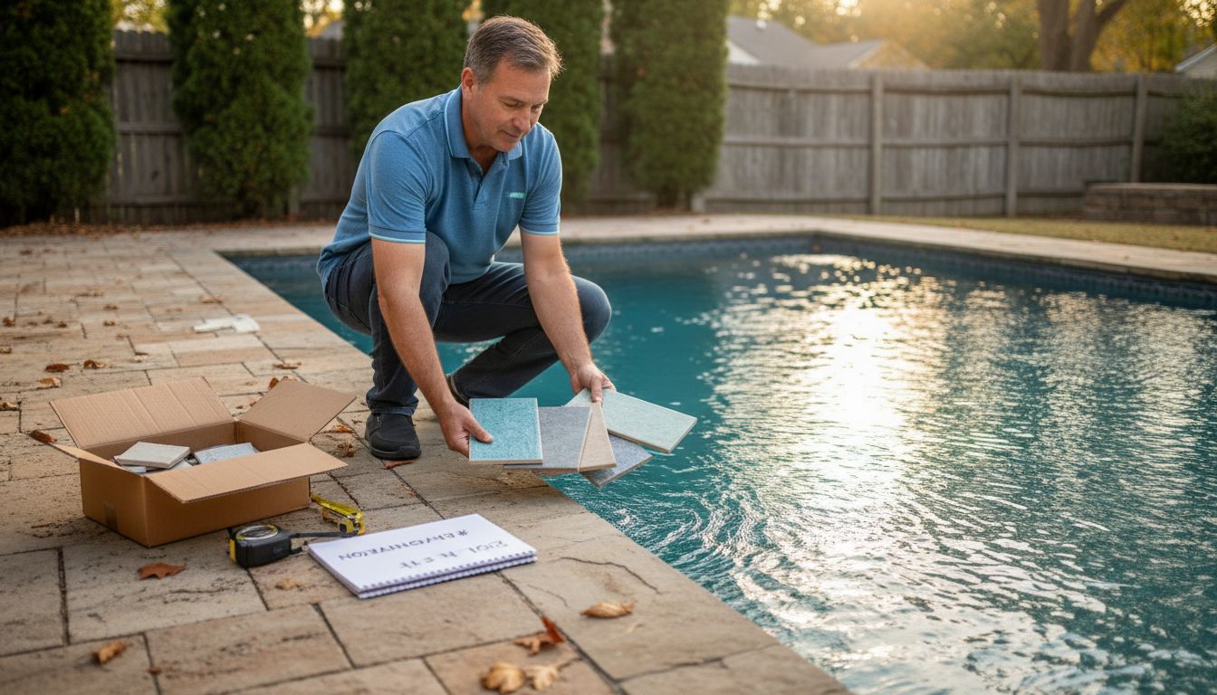 Homeowner comparing tile samples by pool