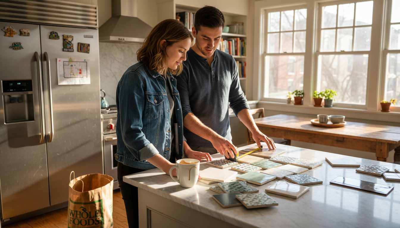 Couple reviews tile samples in kitchen