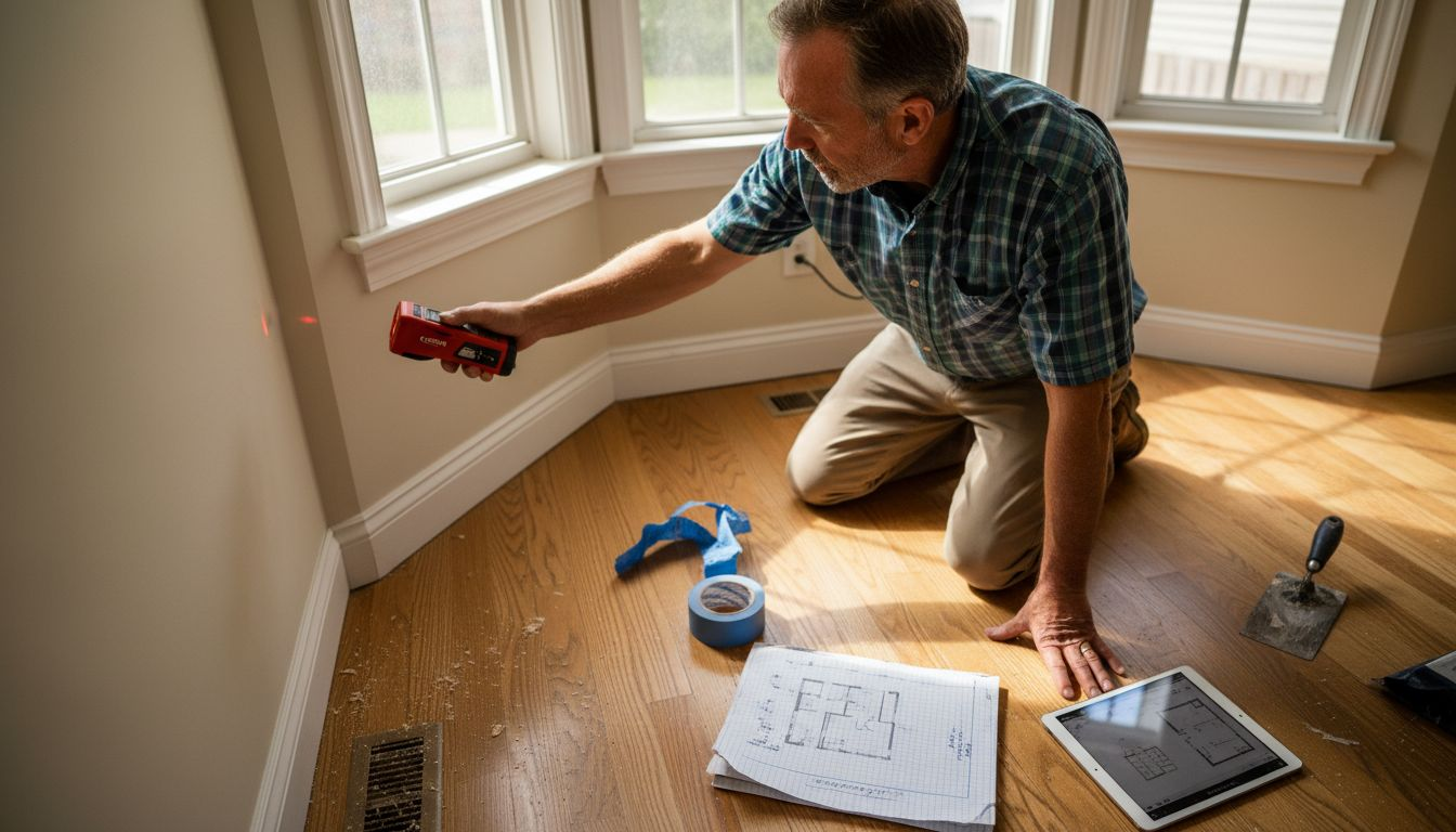 Contractor planning tile layout on living room floor